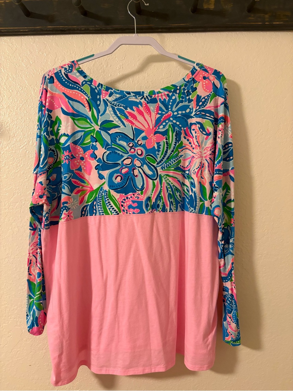 XXL Lilly Pulitzer Pink & Blue Floral Paneled Long-Sleeve Top